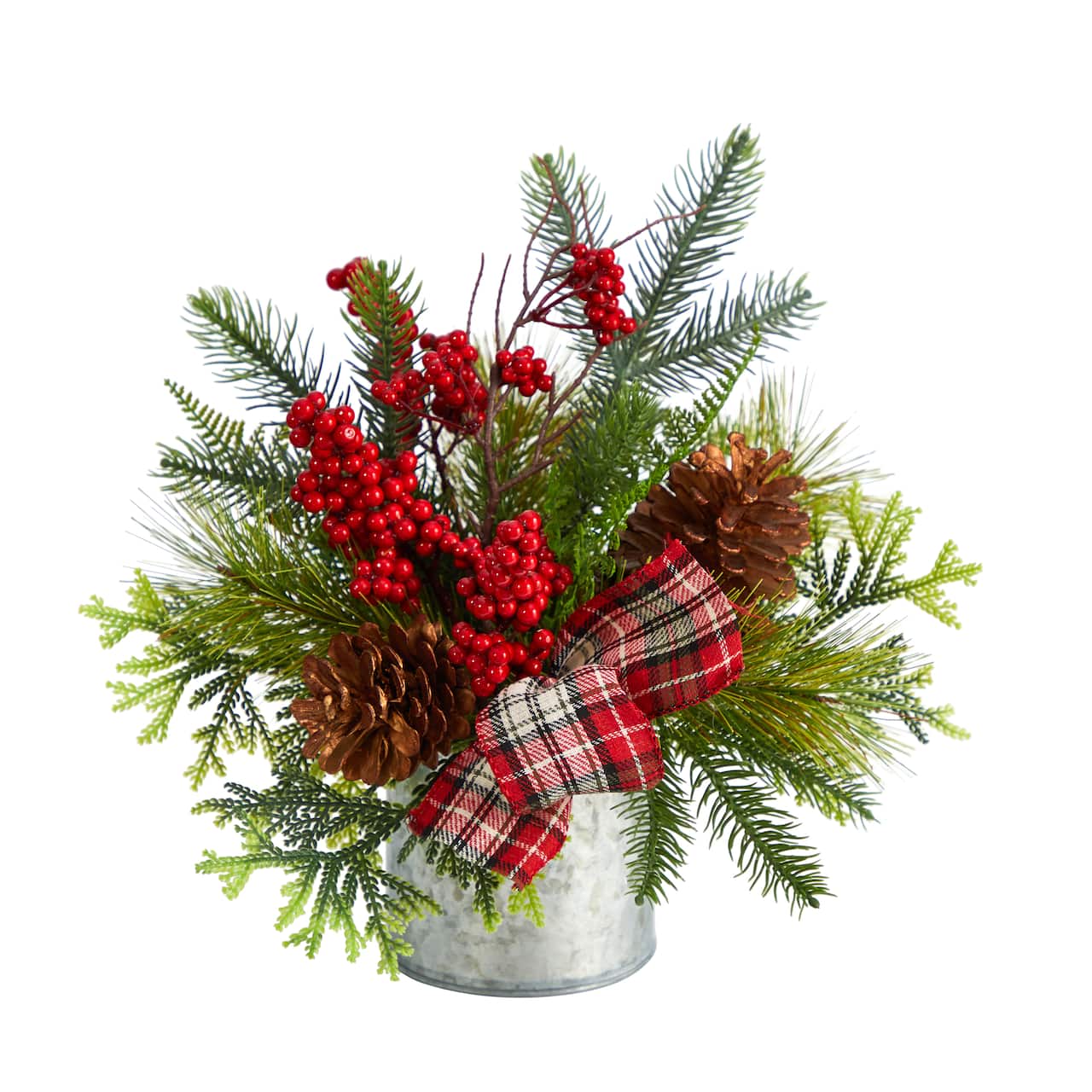 12" Holiday Winter Pinecones, Berries, Greenery & Plaid Bow Arrangement
